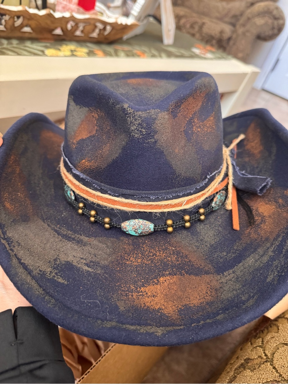 Navy Blue Faux-Distressed Western Fedora Hat with Turquoise Bead Band